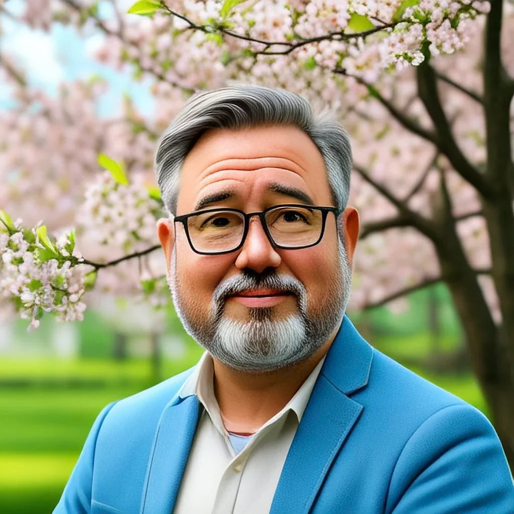 Retrato de hombre con gafas y barba frente a cerezos en flor, arte contemporáneo de ARTPRINT.