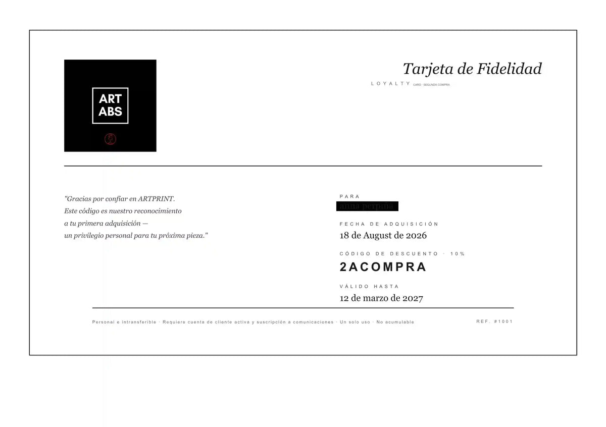 Tarjeta de fidelidad de ARTPRINT con código de descuento para próxima adquisición de arte.