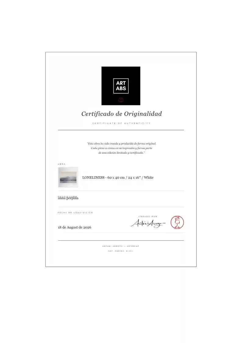 Certificado de originalidad de la obra Loneliness de Anna Perpiña, arte contemporáneo.