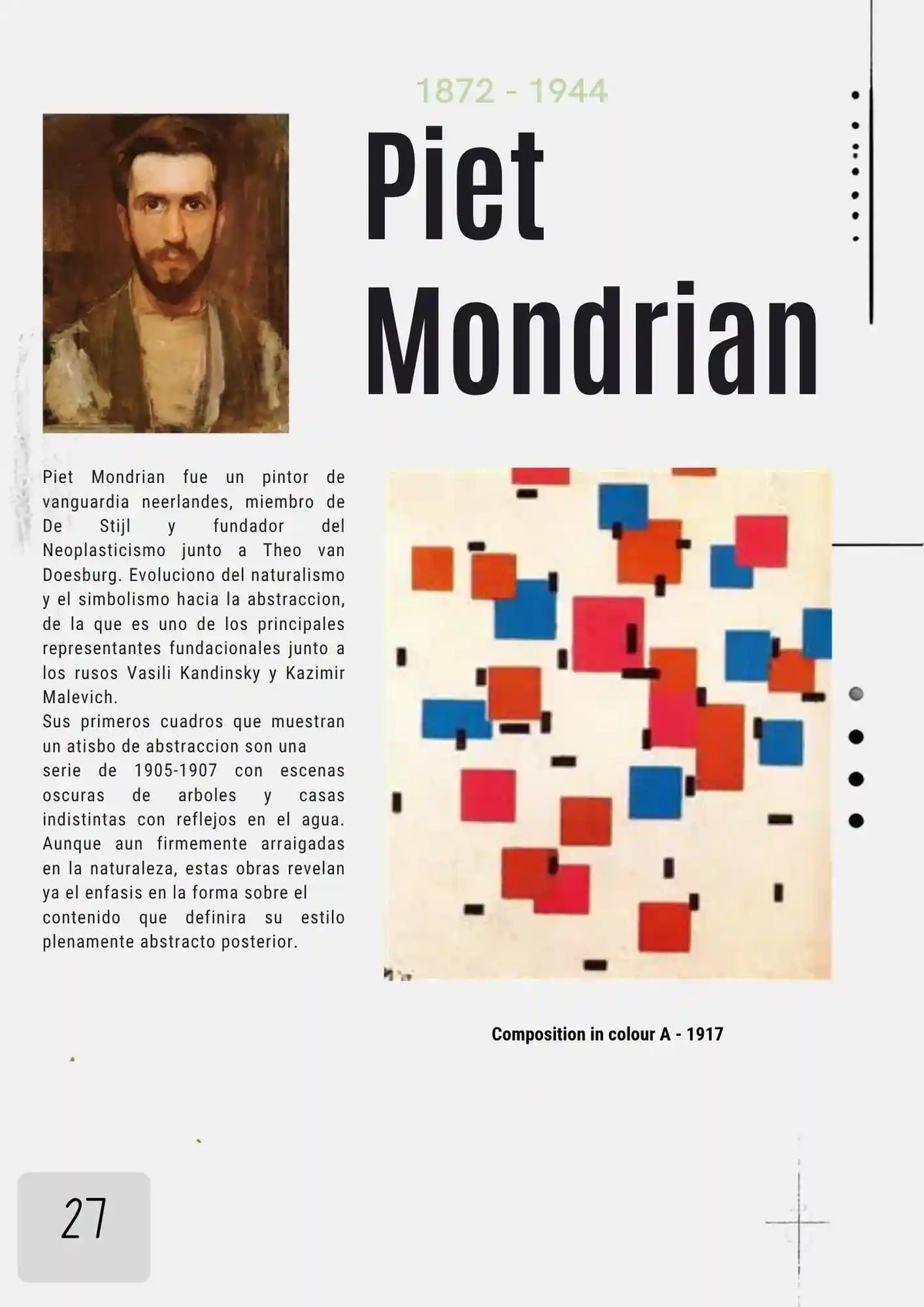 Biografía de Piet Mondrian y su obra abstracta Composition in colour A de 1917.