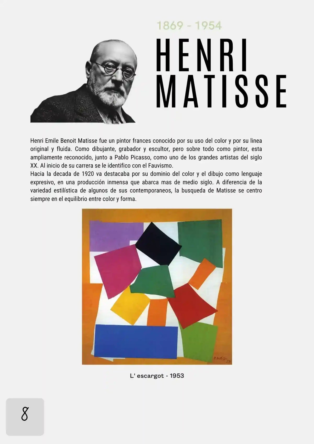 Infografía biográfica de Henri Matisse con retrato y obra L'escargot de 1953.