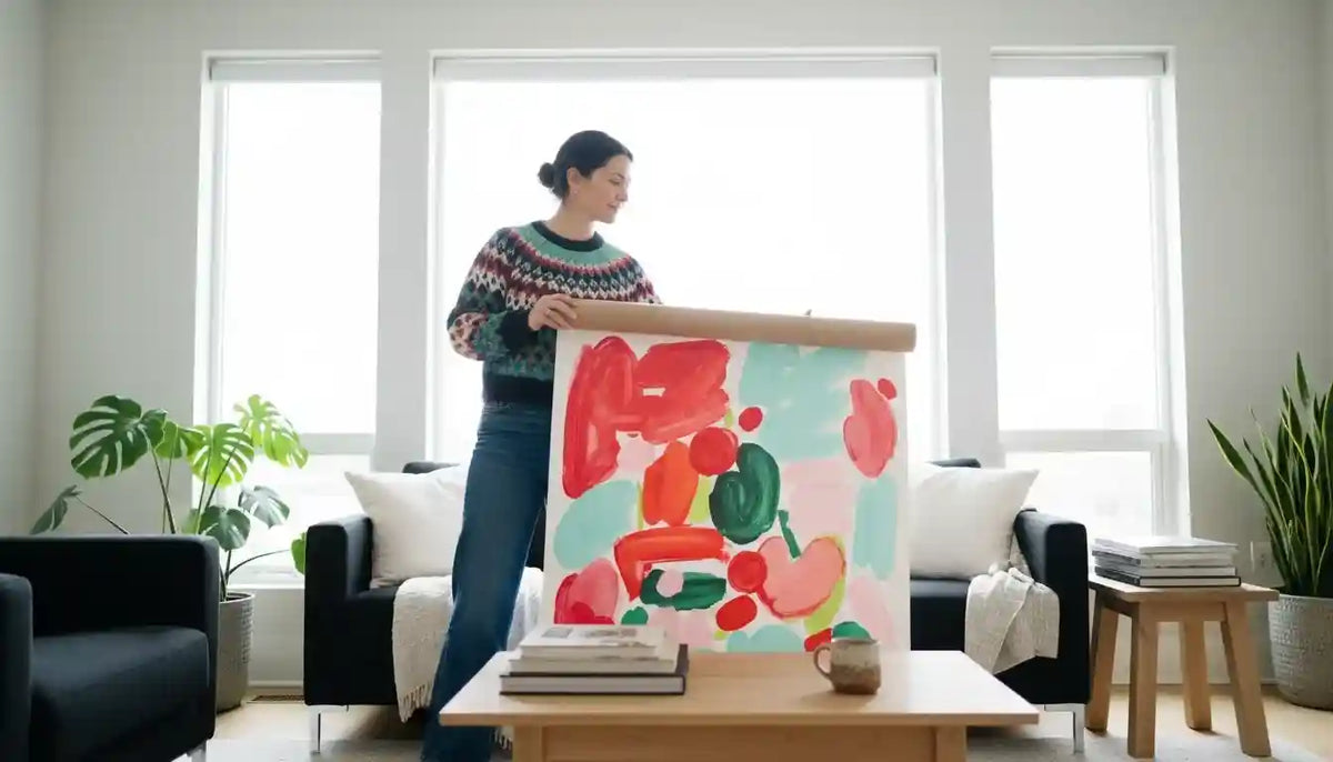 Mujer sosteniendo lienzo de arte contemporáneo colorido en un salón luminoso.